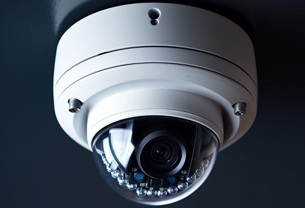 A white dome security camera is mounted on a dark ceiling, featuring a clear protective cover and small internal components.