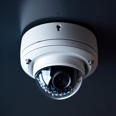 Cctv camera on the ceiling of a dark room.