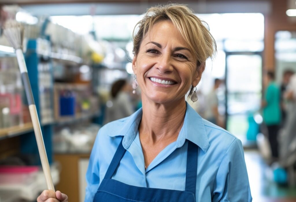 Smiling woman in a blue apron holding a mop stands in a store aisle, with shelves and people in the background.
