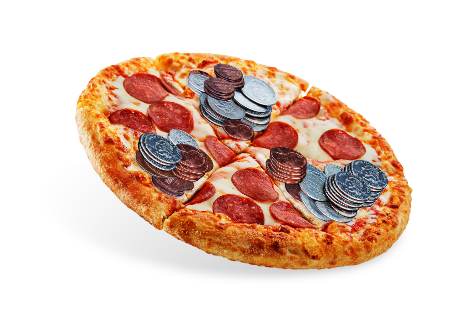 A pepperoni pizza topped with stacks of coins on a white background.