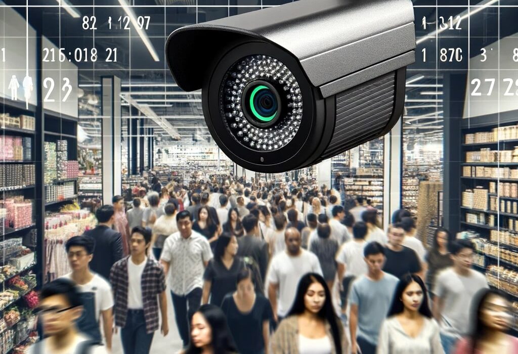 Surveillance camera overlooking a busy supermarket aisle with many shoppers walking by, plus digital overlay of data and numbers.