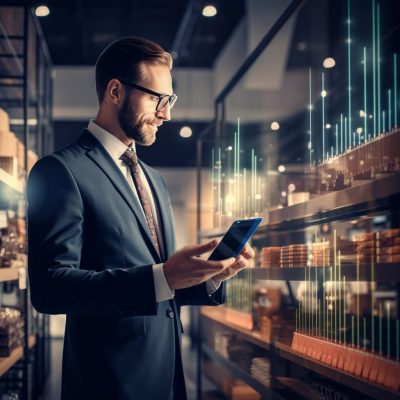 A businessman in a suit is using a smartphone in a store.