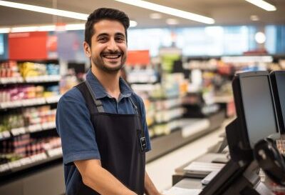 A cashier wearing a blue shirt and black apron smiles while standing at a checkout counter in a grocery store. Shelves with various products are visible in the background.