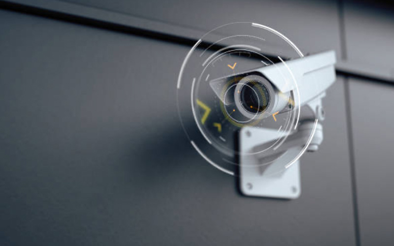 A white security camera mounted on a wall with digital interface graphics overlay.