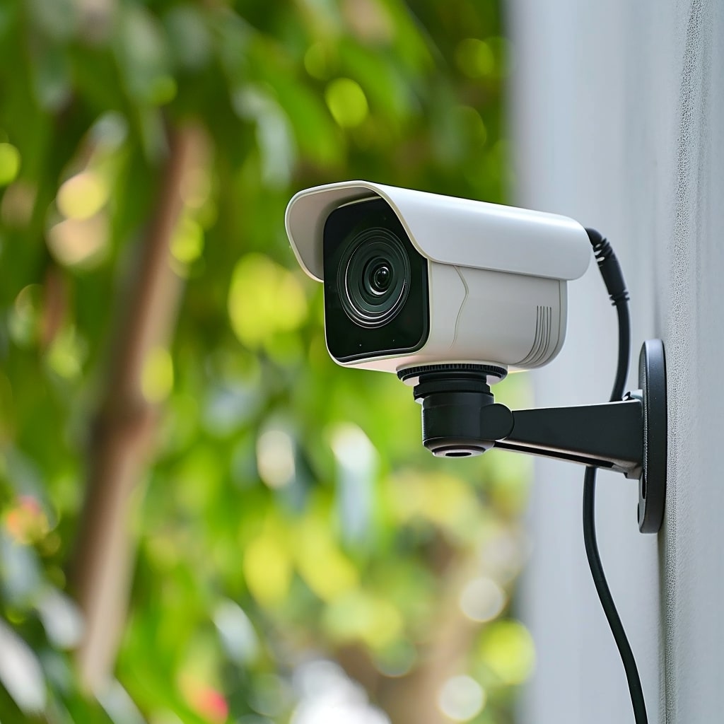 A cctv camera is mounted on the side of a house.