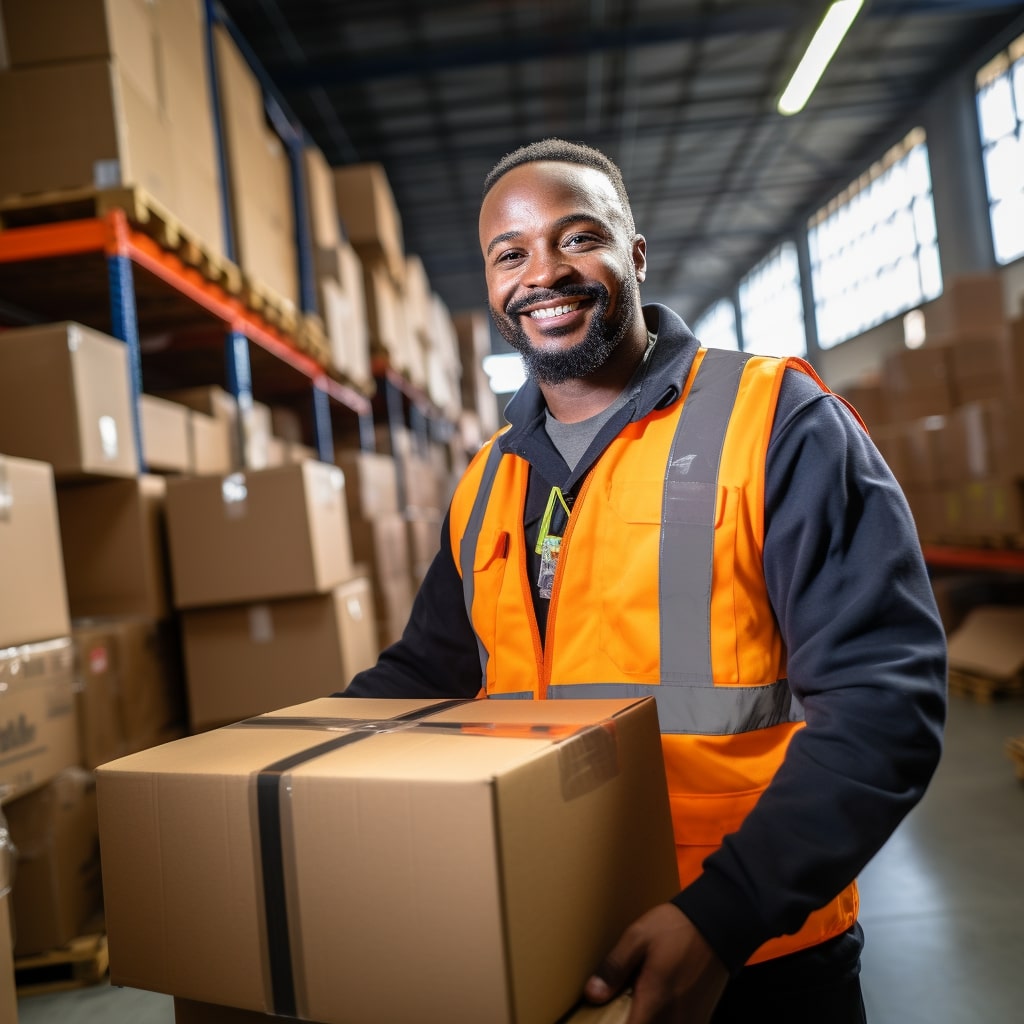 A warehouse worker holding a box in a warehouse.