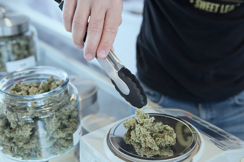 weighing out cannabis for sale