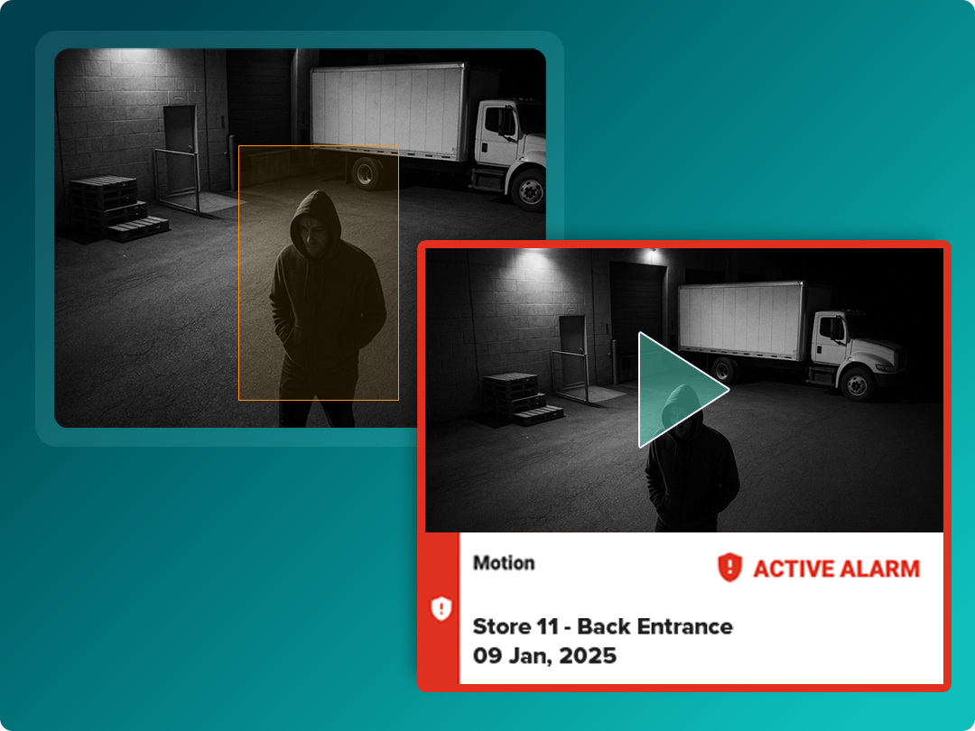 A person in a hooded jacket stands outside near a truck at night; a motion alarm alert is shown for a store's back entrance, dated January 9, 2025.