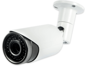A white cctv camera on a black background.