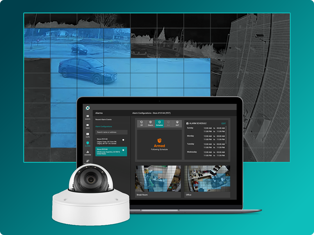A surveillance camera, a laptop displaying security software, and a security footage grid with a highlighted area are shown against a blue-green background.