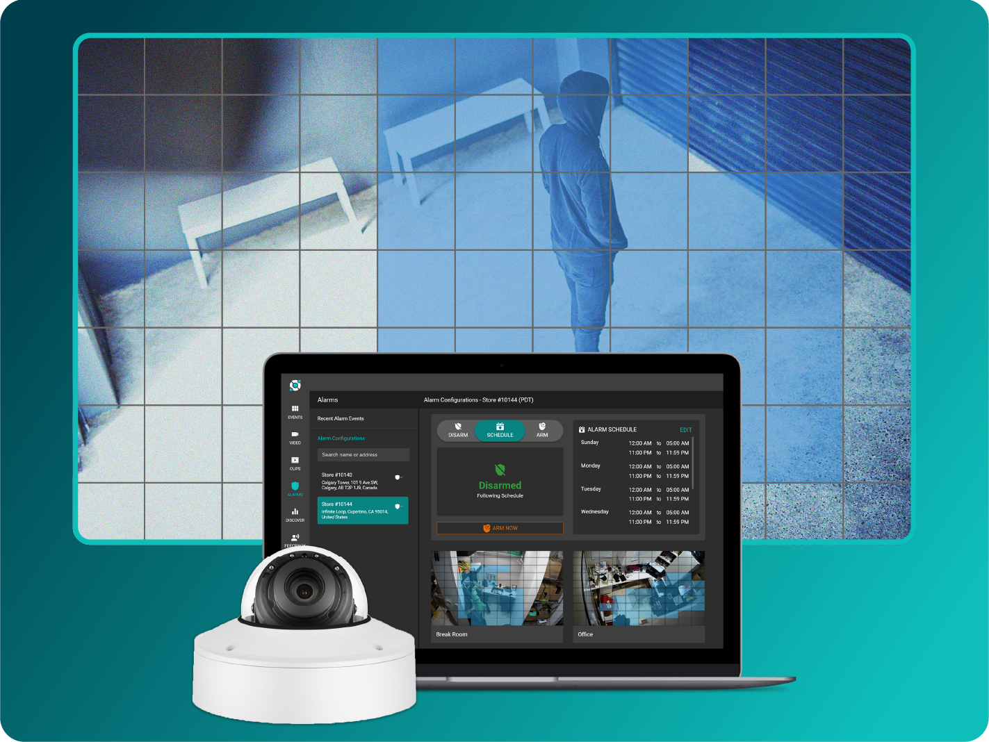 A security system setup showing a surveillance camera, a computer screen with security footage, and a wall display monitoring a person in a hoodie near a bench.