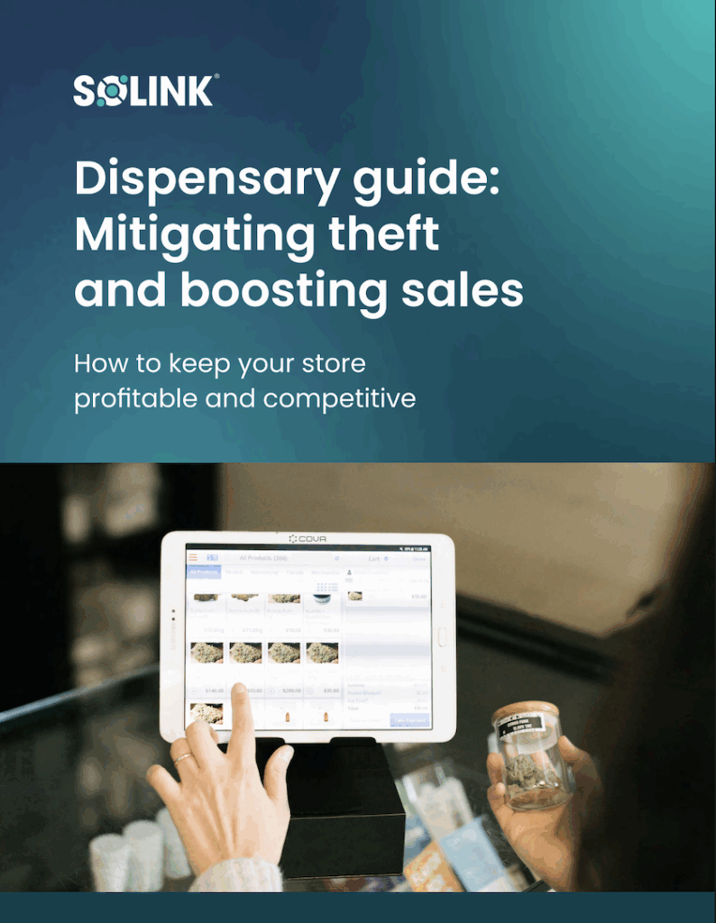 A person holds a jar with herbs in front of a tablet displaying product images. Text reads "Dispensary guide: Mitigating theft and boosting sales.