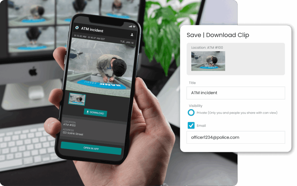 A person holds a smartphone displaying ATM security footage, while a laptop shows similar video. A form on the side shows options to save, title, and email the video clip.