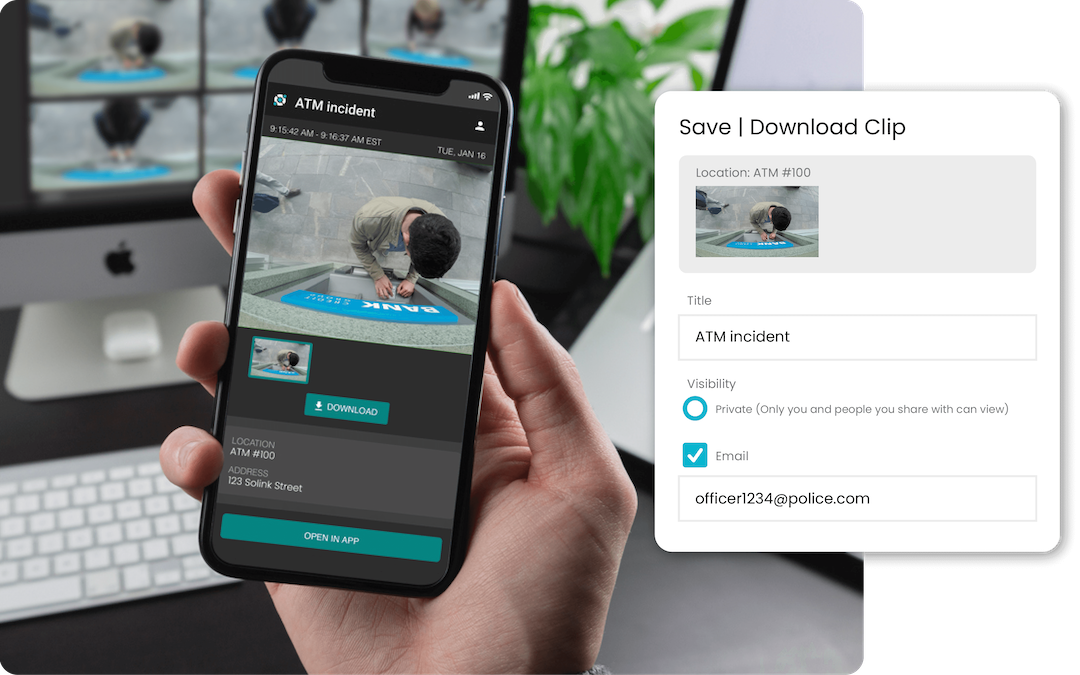 A person holds a smartphone displaying ATM security footage, while a laptop shows similar video. A form on the side shows options to save, title, and email the video clip.