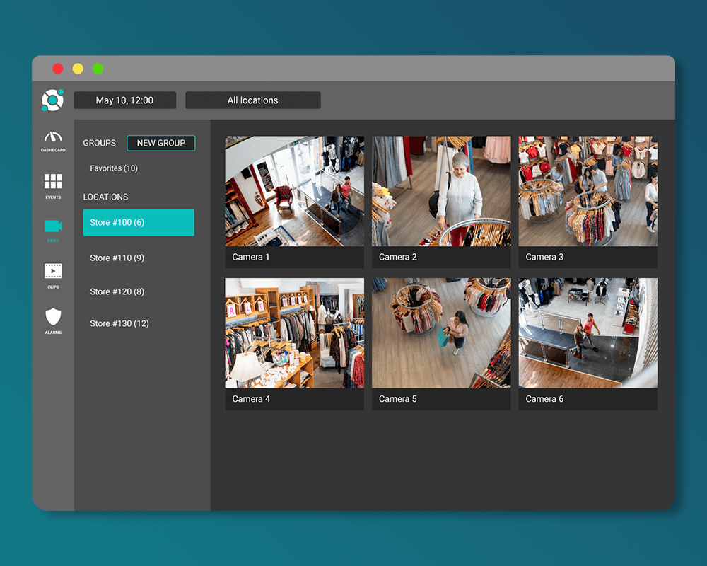 Surveillance footage interface showing six camera angles of a retail clothing store.