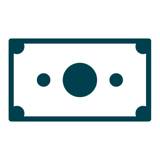 Simple icon of a paper bill or banknote, depicted in dark teal with a central circle and corner details on a white background.