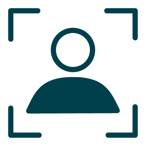 Icon of a person inside a rectangular frame, representing a user profile or identification.