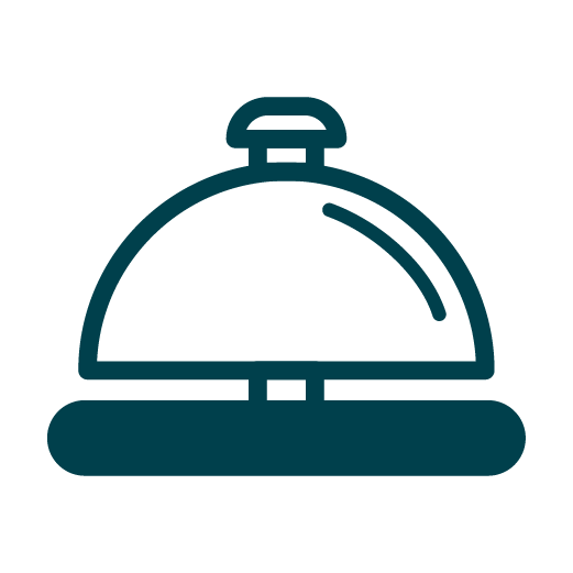 A simple, dark teal line drawing of a service bell icon on a white background.