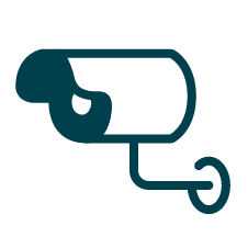 Simple line drawing of a security camera facing left, with a curved mounting arm attached at the bottom.