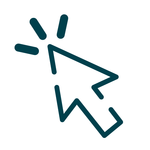 A simple graphic of a computer mouse cursor arrow with three lines around the tip, indicating a click or selection.