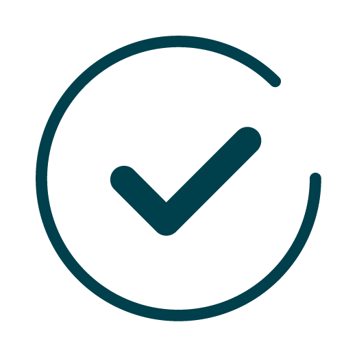 A dark teal check mark inside an incomplete circle on a white background.