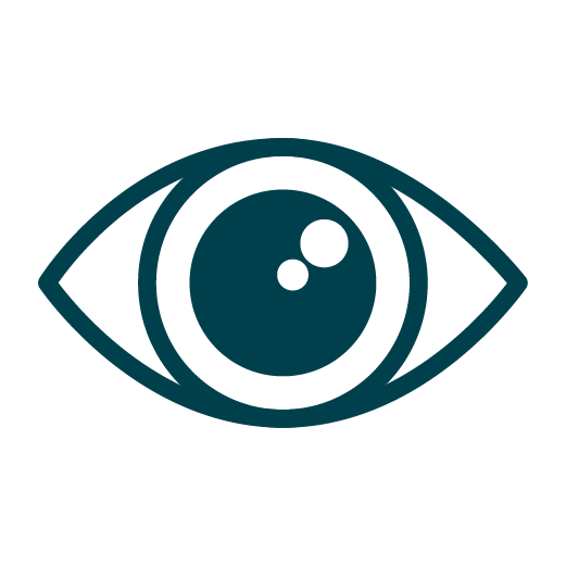 A simple, dark teal eye icon with a large pupil and two white reflection spots on a light gray background.