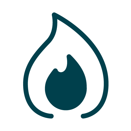 A simple dark blue flame icon with a teardrop outline, set against a light gray background.