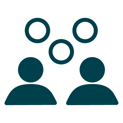 Two simple human figures with three interconnected circles above them, suggesting collaboration or teamwork.