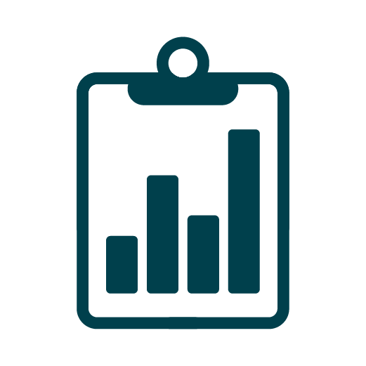 Icon of a clipboard displaying a bar chart with four vertical bars of increasing height.