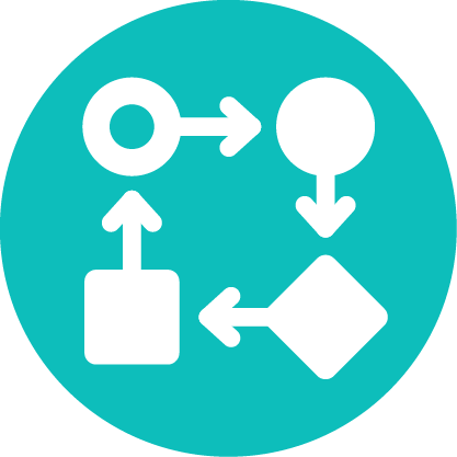 A teal circle with white flowchart symbols: arrow pointing from a circle, arrow from a square, arrow to a diamond, and an arrow to a filled circle.