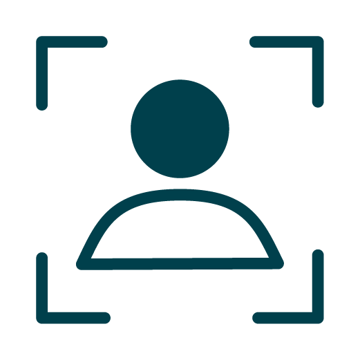 Icon of a person inside a frame made of four corner brackets, representing a user profile or account identification.