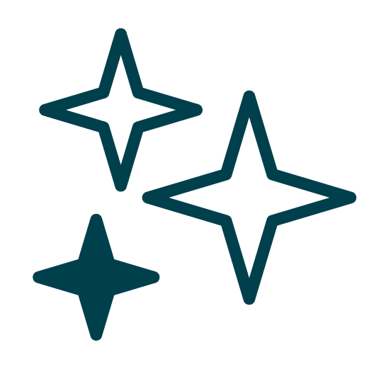 Three simple, dark teal star or sparkle icons on a light gray background.