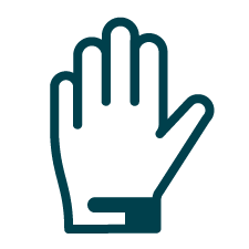 Simple line drawing of a raised right hand with fingers together and thumb extended, resembling a stop or greeting gesture.