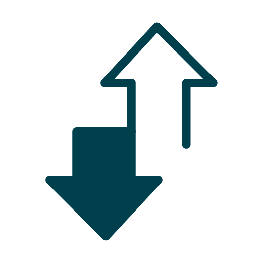 Two arrows on a light background, one pointing up and the other pointing down, overlapping at their tails.