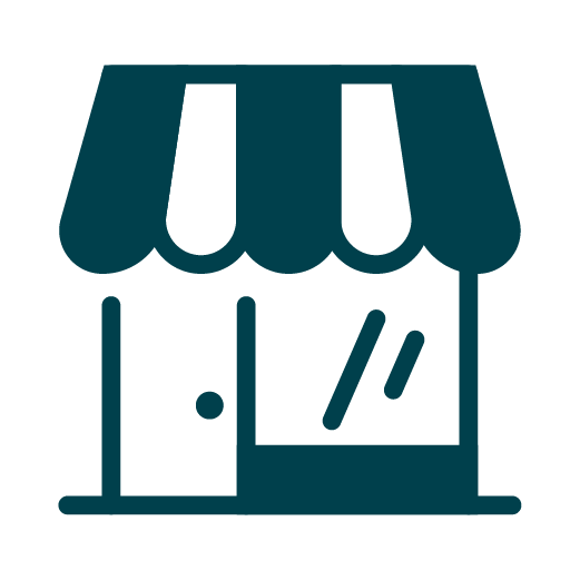 Simple icon of a small storefront with a striped awning, a door, and a window.