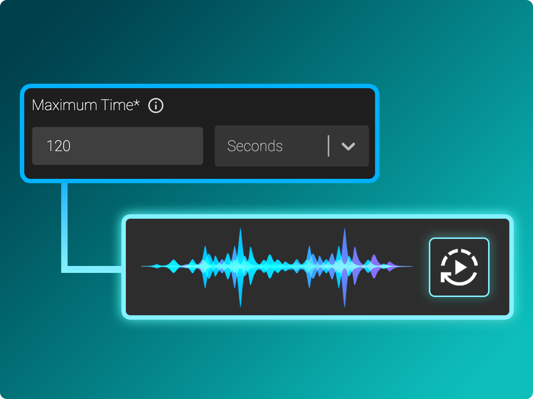 A digital interface displays a "Maximum Time" input set to 120 seconds above a colorful audio waveform and a refresh icon against a blue gradient background.