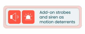 A rectangular button labeled "Strobe and siren motion trigger" with speaker and alarm icons on a red background.
