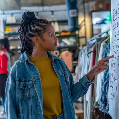 A young woman with braided hair examines documents on a wall in a modern office setting.