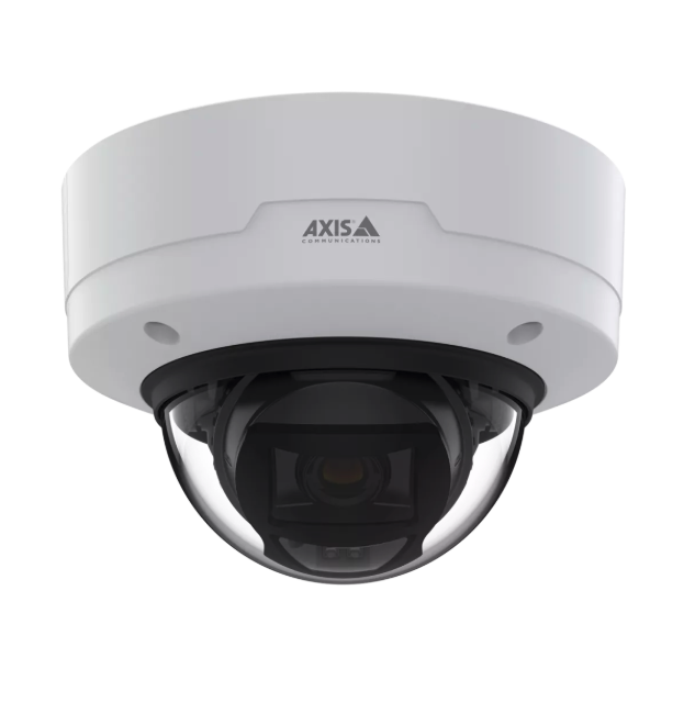 White dome security camera by Axis Communications with a clear cover, mounted on a ceiling, showing the internal camera lens and components.