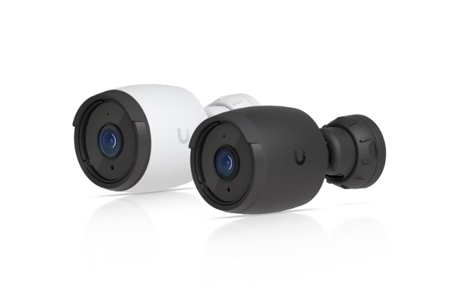 Two bullet-style security cameras, one white and one black, are positioned side by side on a plain white background.