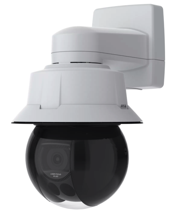 A white wall-mounted dome security camera with a dark tinted cover, featuring visible camera lens and components inside.