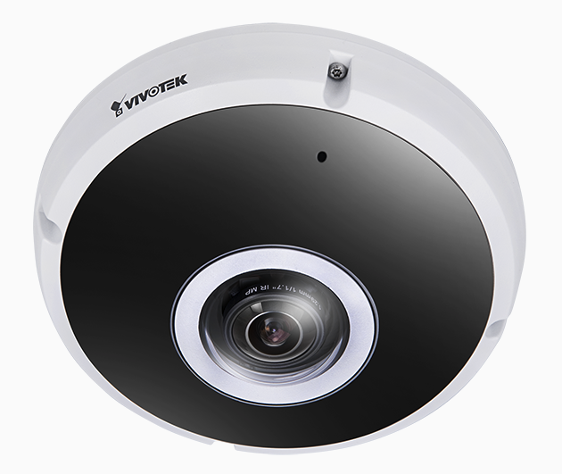 A close-up view of a Vivotek dome security camera, mounted on a white surface.