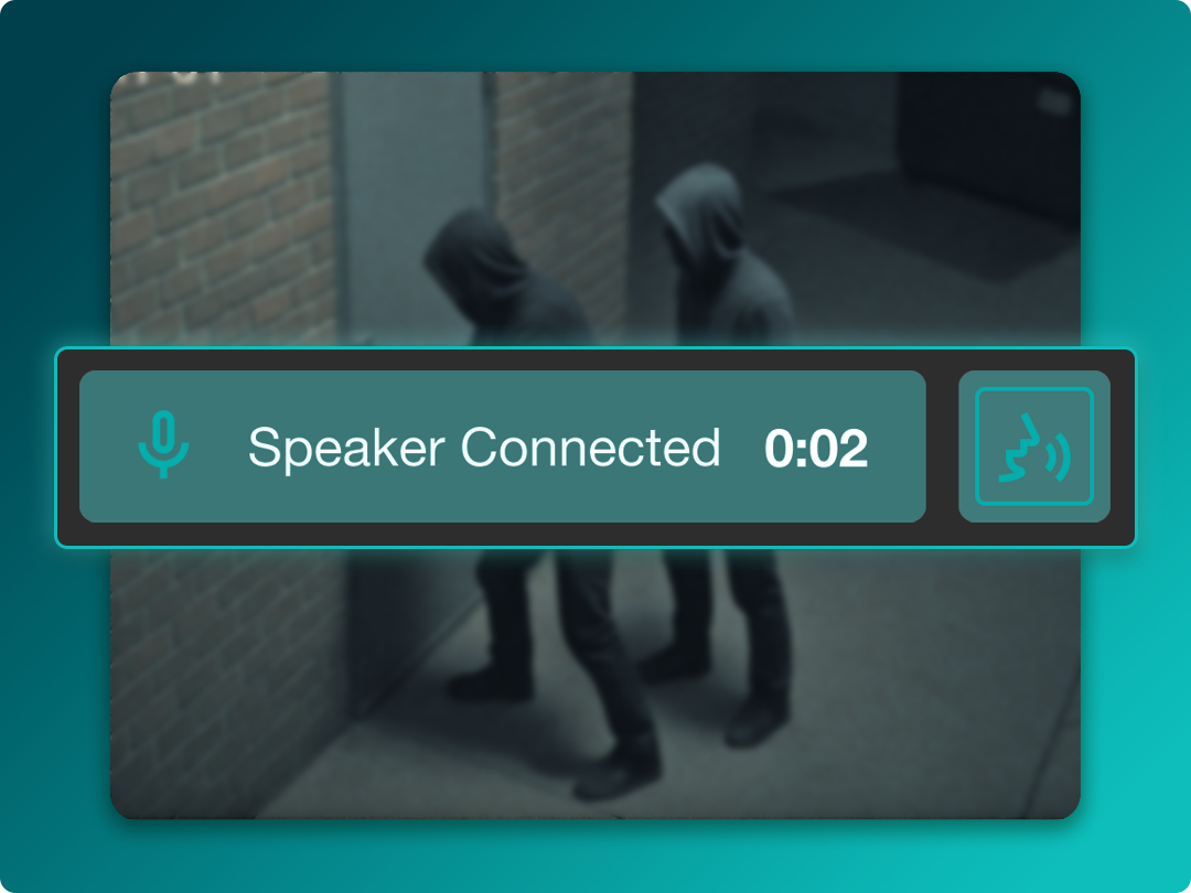 Two hooded figures stand by a brick wall at night; a speaker connection interface is overlaid, showing "Speaker Connected 0:02.