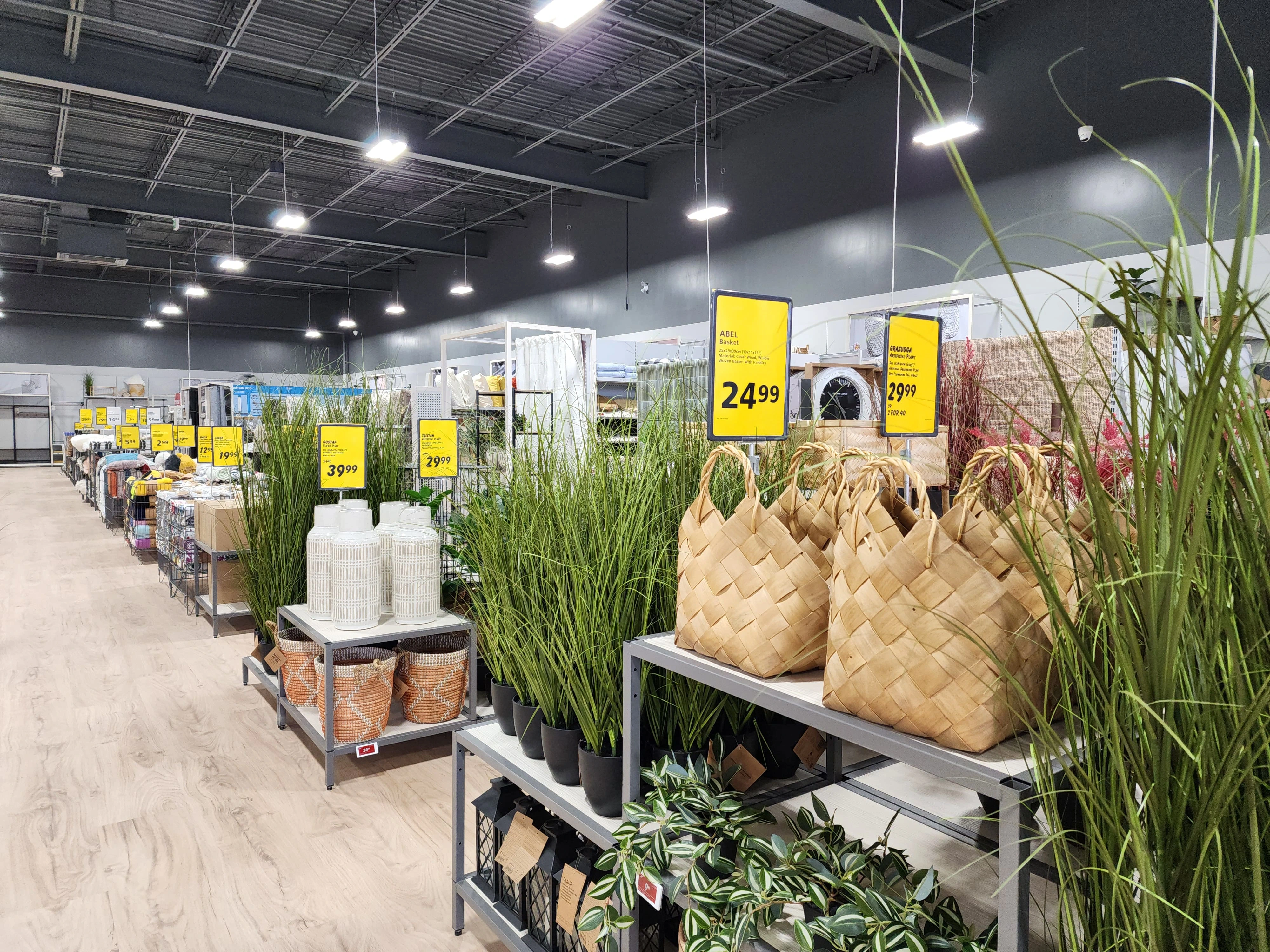 A store aisle showcasing potted plants, woven baskets, and various home goods with price tags.