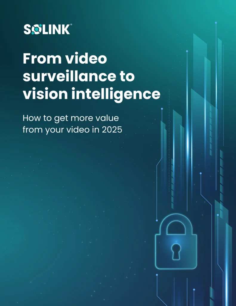 Solink cover image with the text: "From video surveillance to vision intelligence. How to get more value from your video in 2025," featuring digital graphics and a padlock symbol.