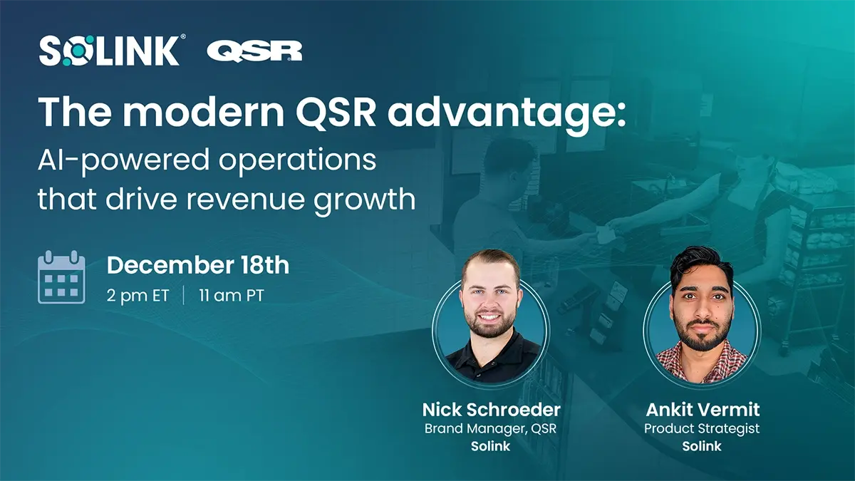 Promotional graphic for a webinar titled "The modern QSR advantage: AI-powered operations that drive revenue growth," featuring Nick Schroeder and Ankit Vermit, scheduled for December 18th.