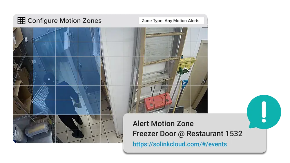 A solink video alarm showing a person beside a freezer door in a restaurant. An alert message states "Alert Motion Zone Freezer Door @ Restaurant 1532" with a URL link for more information.